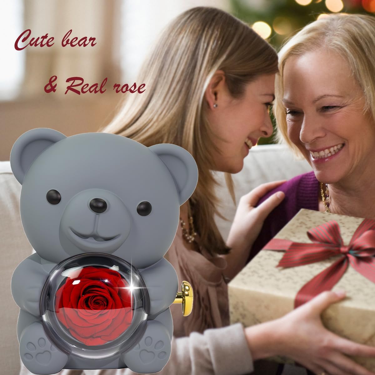 Preserved Red Rose & Grey Bear Box with "I Love You" Heart Necklace, Eternal Flowers Gift for Her - Perfect for Birthdays, Valentine's, Mother's Day, Christmas.