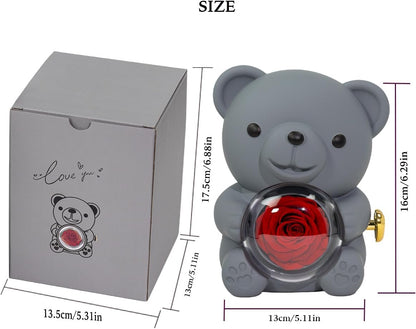 Preserved Red Rose & Grey Bear Box with "I Love You" Heart Necklace, Eternal Flowers Gift for Her - Perfect for Birthdays, Valentine's, Mother's Day, Christmas.