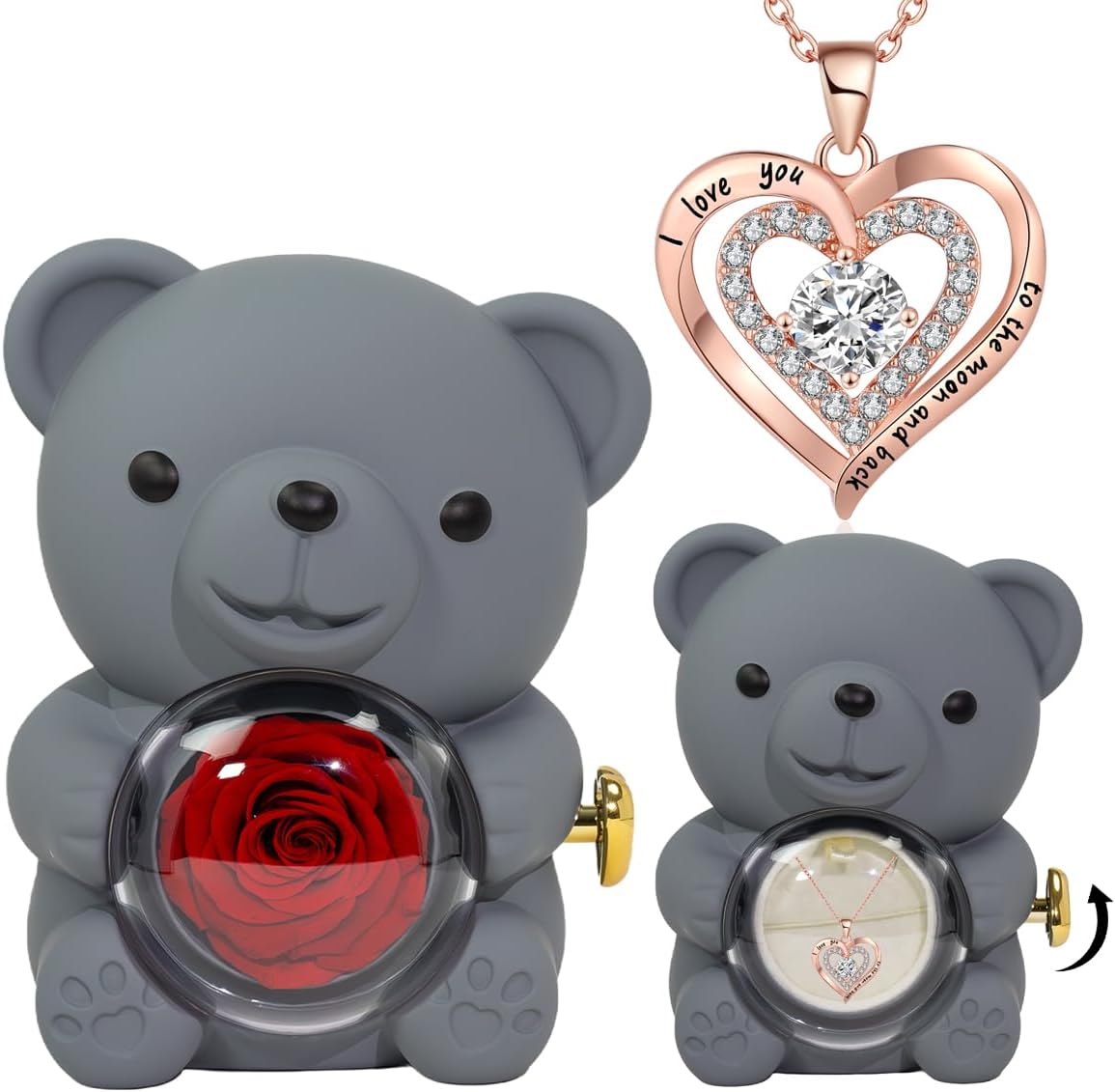 Preserved Red Rose & Grey Bear Box with "I Love You" Heart Necklace, Eternal Flowers Gift for Her - Perfect for Birthdays, Valentine's, Mother's Day, Christmas.