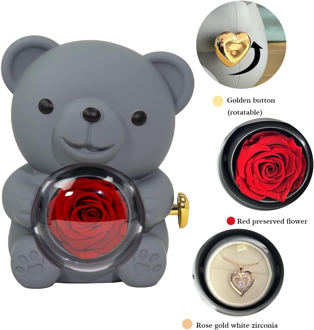 Preserved Red Rose & Grey Bear Box with "I Love You" Heart Necklace, Eternal Flowers Gift for Her - Perfect for Birthdays, Valentine's, Mother's Day, Christmas.