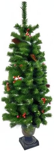 4FT Artificial Potted Christmas Tree with Lights, Pre-lit Mini Christmas Tree with 50 LED Lights, Small Fake Christmas Tree with 140 Branch Tips, Pine Cones&Red Berries, Battery Operated