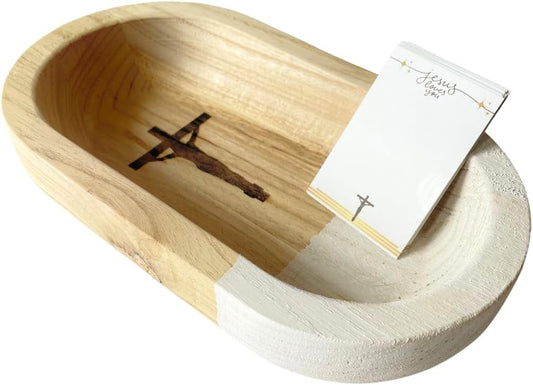 Wood Prayer Bowl with Prayer Cards, Prayer Bowl wooden, Blessing Bowls Cross Religious Gifts, Christ, Christian, Catholic, Blessing gifts, 10x6x2 inch