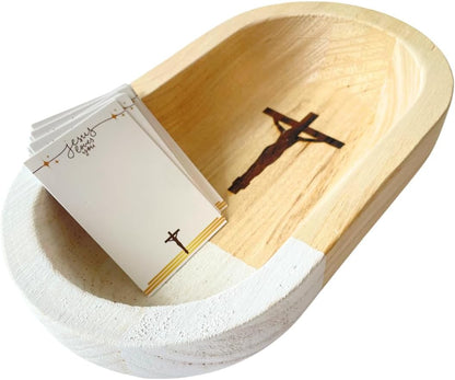 Wood Prayer Bowl with Prayer Cards, Prayer Bowl wooden, Blessing Bowls Cross Religious Gifts, Christ, Christian, Catholic, Blessing gifts, 10x6x2 inch