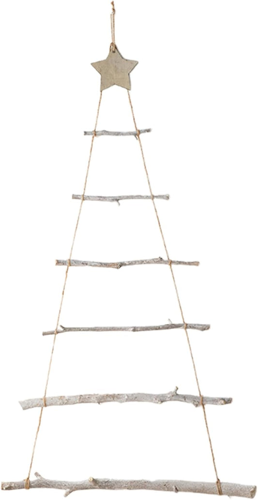 Wall Christmas Tree, 32x22 Inch Wooden Hanging Christmas Tree with Twig Ladder and Star, Christmas Wall Decor for Xmas Ornament Display,Wall Tree