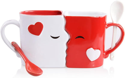 Kissing Mugs Set, Anniversary & Wedding Gifts, Exquisitely Crafted Two Large Cups & Spoons for Couples, For Him and Her on Valentines, Birthday, Engagement by Blu