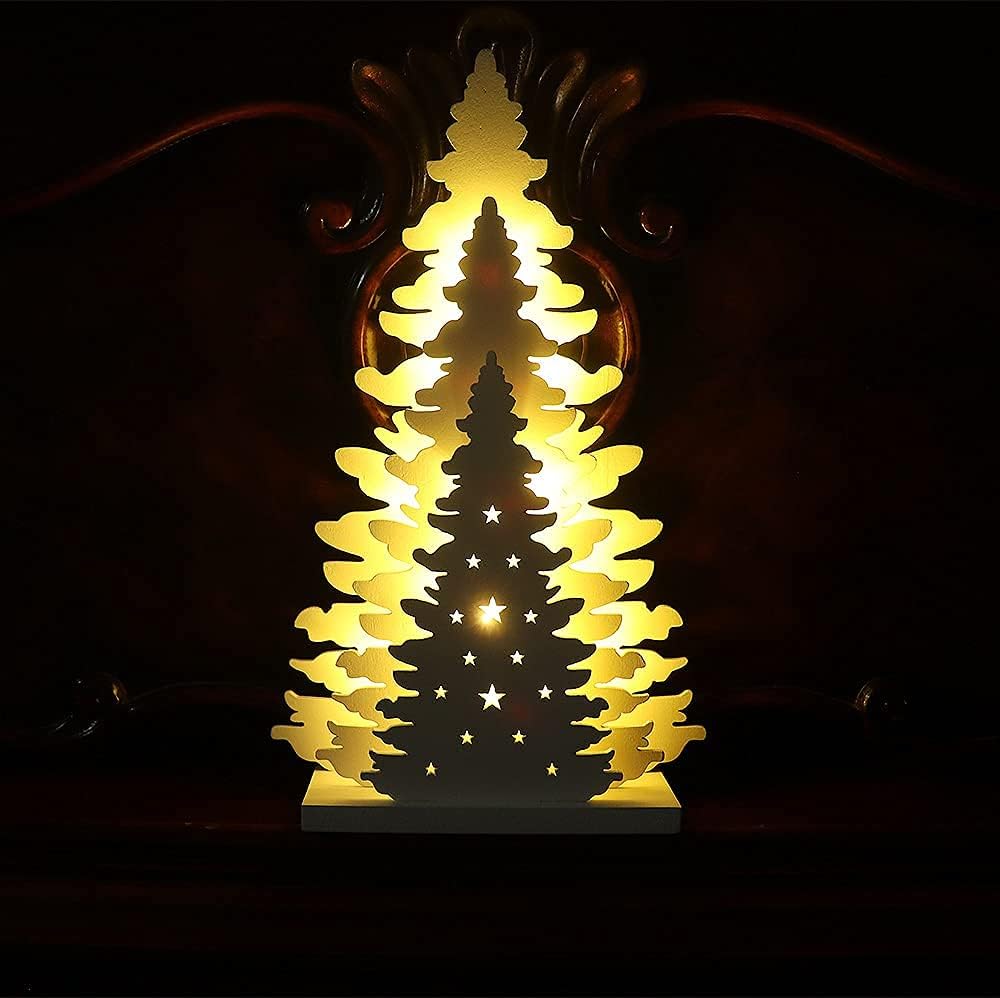 Wooden Christmas Tree Tabletop Decor, LED Wood Craft Christmas Trees Light 2AA Battery Powered 10 inch for Xmas Home Decorations(Indoor)