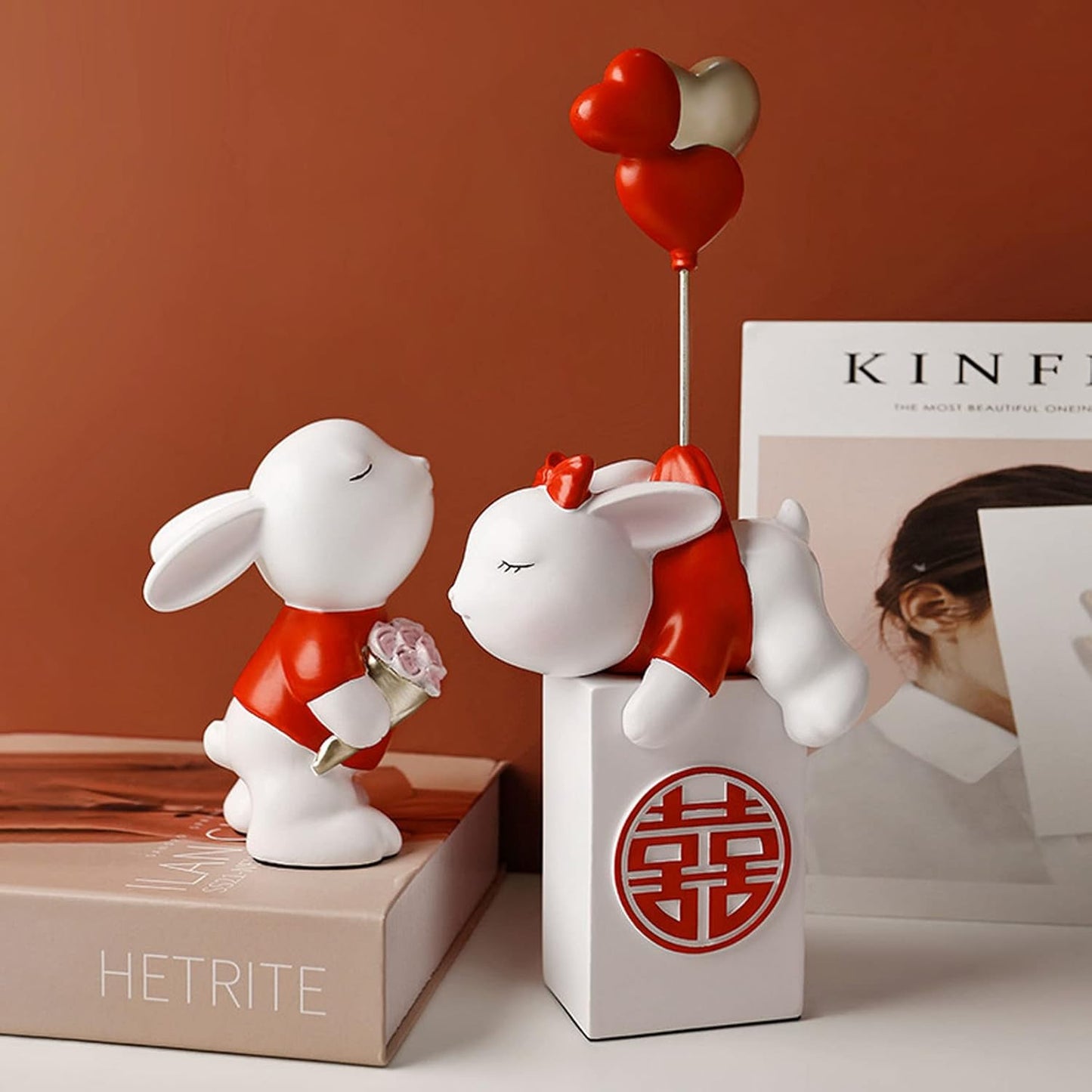 Wedding Gifts for Couple, Chinese Style "Xi" Character Decoration, Cute Bunny Bookshelf Decorations, Home Decorations,White