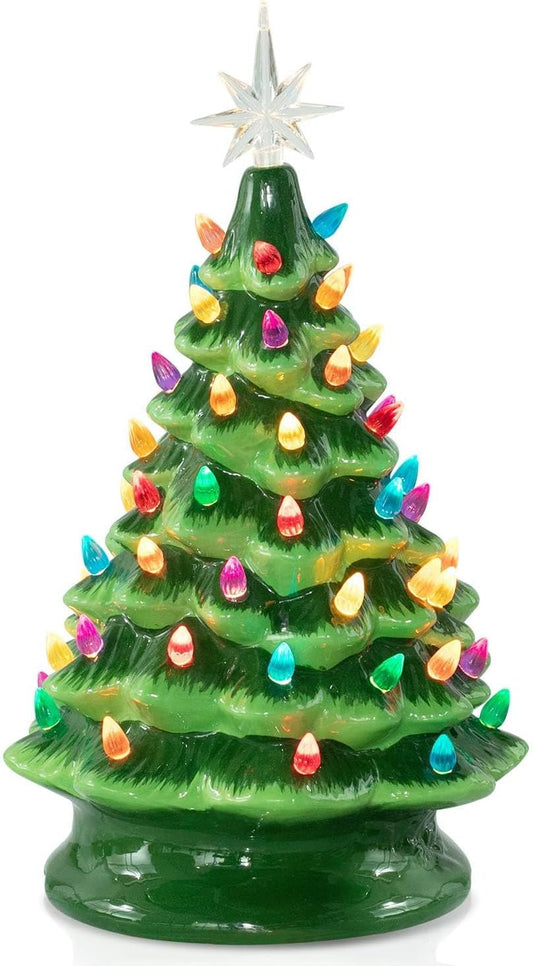 13 Inch Ceramic Christmas Tree, Pre-lit Tabletop Christmas Tree with Multicolored LED Lights and Star Topper, Battery Operated Vintage Lighted Ceramic Tree for Home Office Table Holiday Decorations