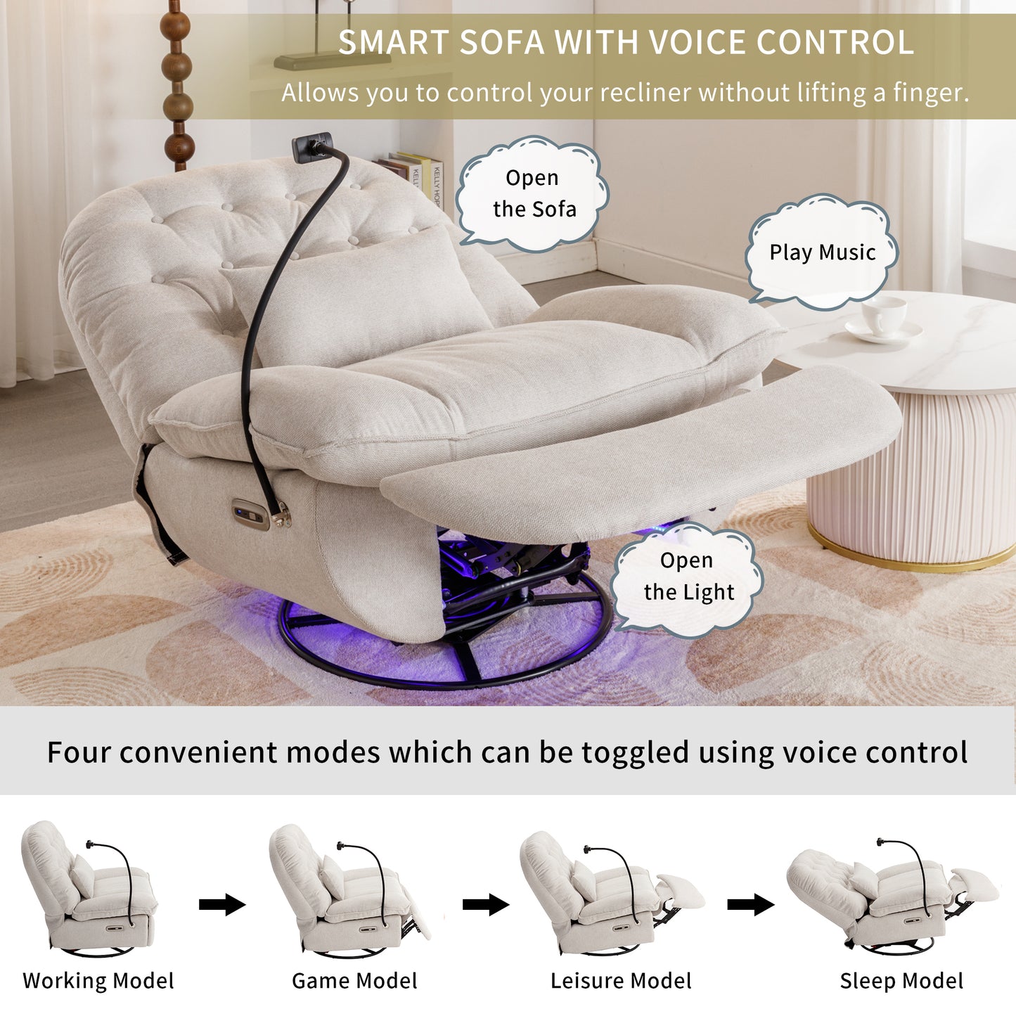 270 Degree Swivel Power Recliner with Voice Control, Bluetooth Music Player,USB Ports, Atmosphere Lamp, Hidden Arm Storage and Mobile Phone Holder for Living Room, Bedroom, Apartment, Beige