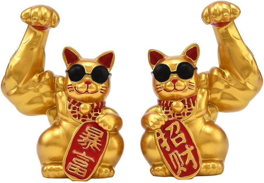 JSCARLIFE Feng Shui Money Cat, Car Ornament Lucky Fortune Cat Figurine Decor Welcoming Hand up for Housewarming Gift, Home Arrangement 2 pcs