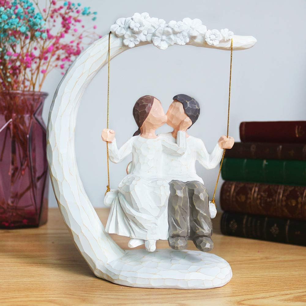 Romantic Couple Figurines in Love, 9" Hand Painted Sweet Loving Together Couple Sculpture Statue to Remember Beautiful Moment, Best Gifts for Valentine's Day Anniversary Weddings