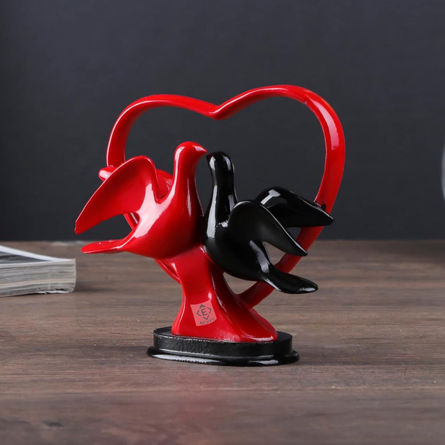 AEVVV Heart Shaped Love Statue - Black Red Love Bird Figurines Home Decor - Love Birds Decor - Heart Figurine - Valentines Day Gifts - Love Couple Figurine