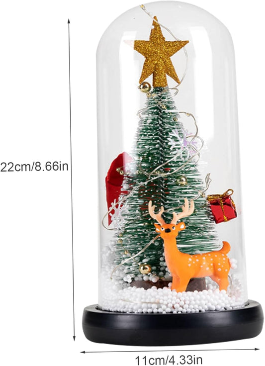 LED Christmas Tree in Glass Dome with Reindeer 8.7 Inch Glass Christmas Tree with String Lights Xmas Gifts for Kids, Girls on New Year, Birthday, Christmas Decorations