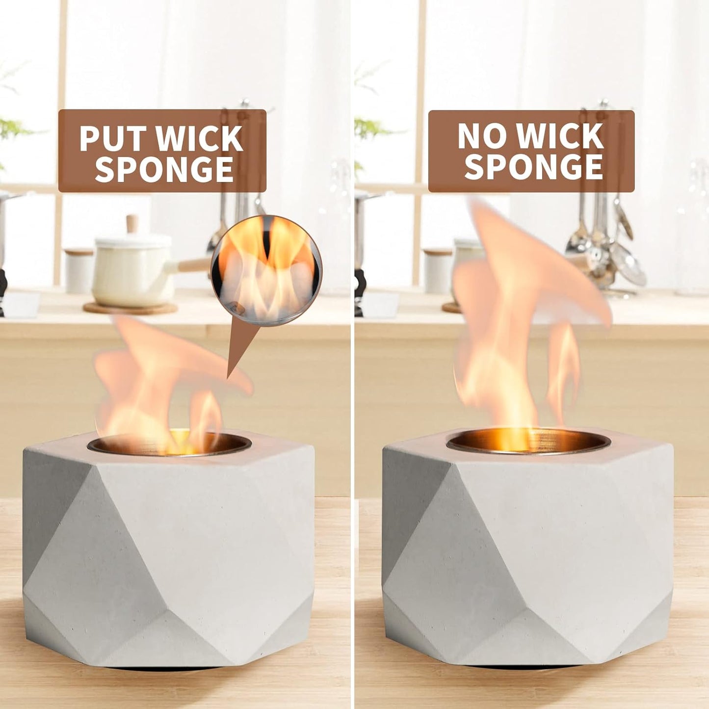 Table Top Fire Pit Bowl - Concrete Tabletop Fireplace Indoor Outdoor Decor Portable Rubbing Alcohol Burner Smores Maker for Patio Balcony with Extinguisher