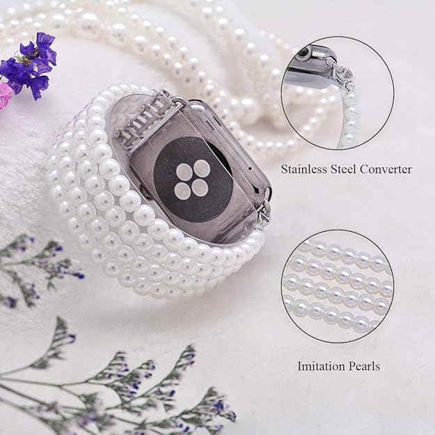 KAI Top Compatible for Apple Watch Band 38mm 40mm 41mm, Handmade Artificial Pearl Beaded Stretch Bracelet Watch Strap Band for Women Girls Compatible with iWatch Ultra SE Series 8 7 6 5 4 3 2 1