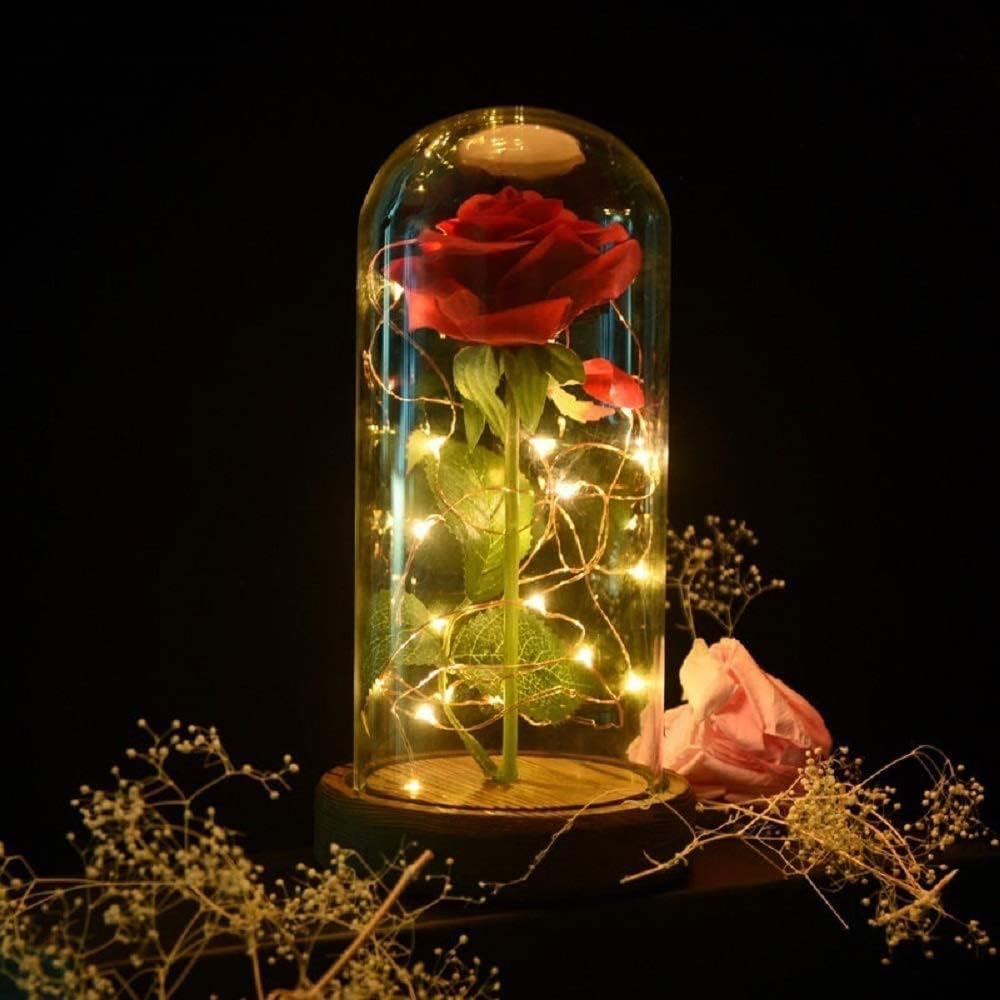 SW Preserved Rose Enchanted Rose Red Silk Rose in Glass Dome with LED Lights Pine Base, Romantic Home Decor Gifts for Mom Women Valentines Day Christmas Mothers Day Wedding Anniversary Birthday