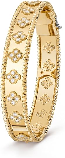 Luxurious 18K Gold Plated CZ Clover Chunky Bangle Bracelet for Women|Lucky flower Charm Fashion Jewelry| Fashion Jewelry Gifts for Women.