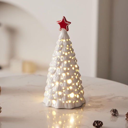 Christmas Decorations, Ceramic Christmas Tree, Small Tabletop Christmas Tree with Lights for Christmas Decor (8 inch, White)