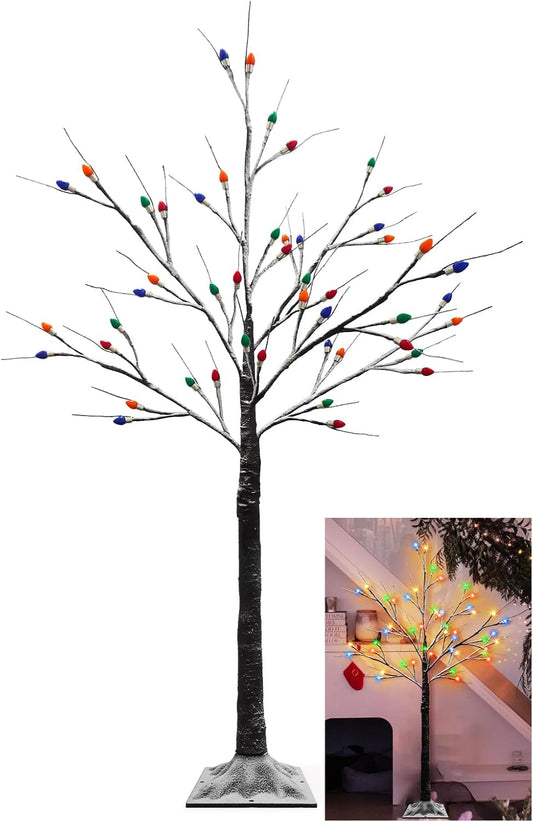 4FT Lighted Birch Tree, Black Christmas Tree with 48 LED Multicolor Lights Artificial Frosted Charlie Brown Christmas Birch Tree for Indoor Outdoor Home Party Christmas Decorations