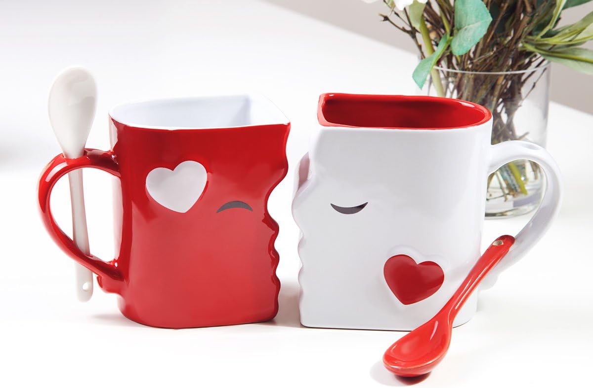 Kissing Mugs Set, Anniversary & Wedding Gifts, Exquisitely Crafted Two Large Cups & Spoons for Couples, For Him and Her on Valentines, Birthday, Engagement by Blu