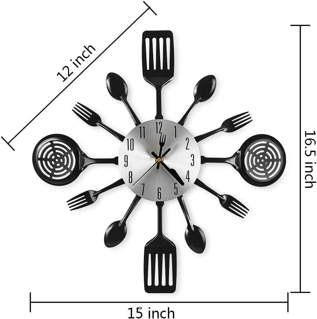 16 Inch Cutlery Kitchen Wall Clocks with Fork and Spoon Dial, Silent Clock Movement and Battery Operated, Great Wall Decor and Housewarming Gifts