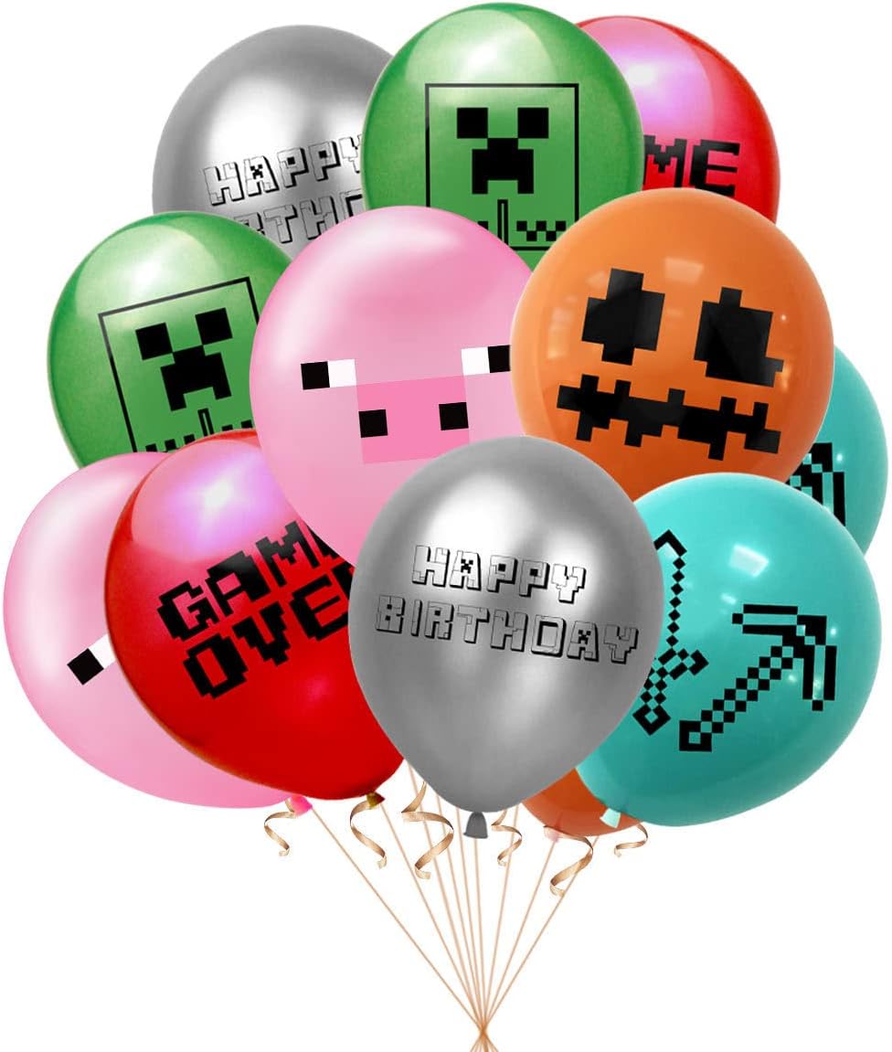 Pixel Birthday Party Decoration, Includes Happy Birthday Banner - Tablecloth - Cake&Cupcake Toppers - 24 Latex Balloons for Kids Theme Birthday Party Decoration Party Supply