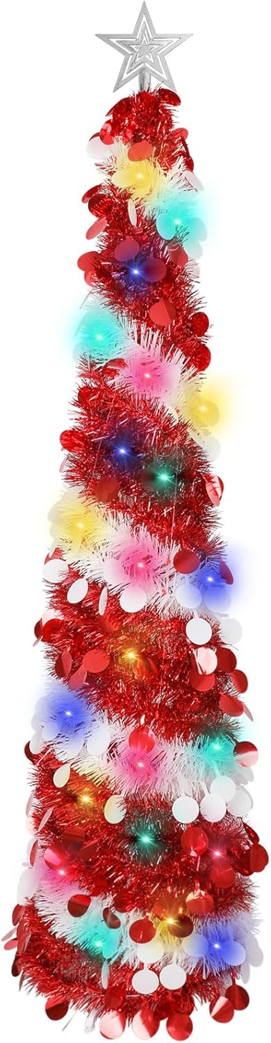 CCINEE 5ft Red Pop up Christmas Tree, Skinny Glittery Tinsel Christmas Tree Decorations White Artificial Collapsible Snowflake Sequin Pencil Christmas Tree for Christmas Holiday Party