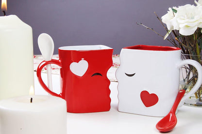 Kissing Mugs Set, Anniversary & Wedding Gifts, Exquisitely Crafted Two Large Cups & Spoons for Couples, For Him and Her on Valentines, Birthday, Engagement by Blu