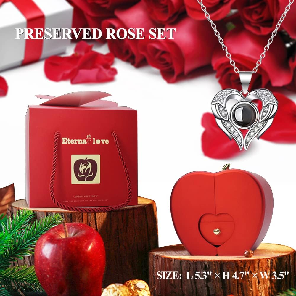 Preserved Real Rose with "I Love You" 100 Languages Necklace, Gifts for Girlfriend, Wife, Mom, on Christmas, Valentine's, Mother's Day, Birthday, Anniversary, Thanksgiving.