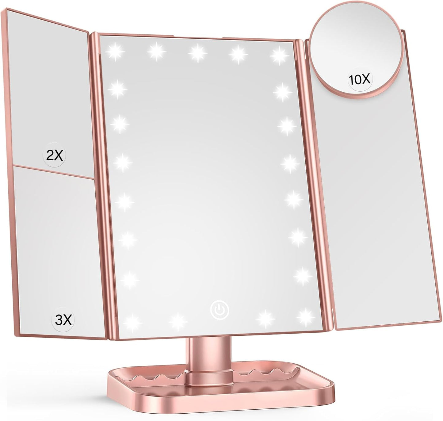 Makeup Mirror Vanity Mirror with Lights, 2X 3X 10X Magnification, Lighted Makeup Mirror, Touch Control, Trifold Makeup Mirror, Dual Power Supply, Portable LED Makeup Mirror, Women Gift (Rose Gold)