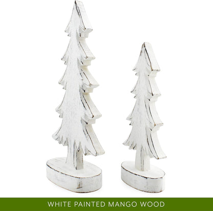 AuldHome Design Wooden Christmas Trees (Set of 2, Distressed White); Tabletop Handmade Mango Wood Trees w/Rectangular Base for Holiday Home Decor