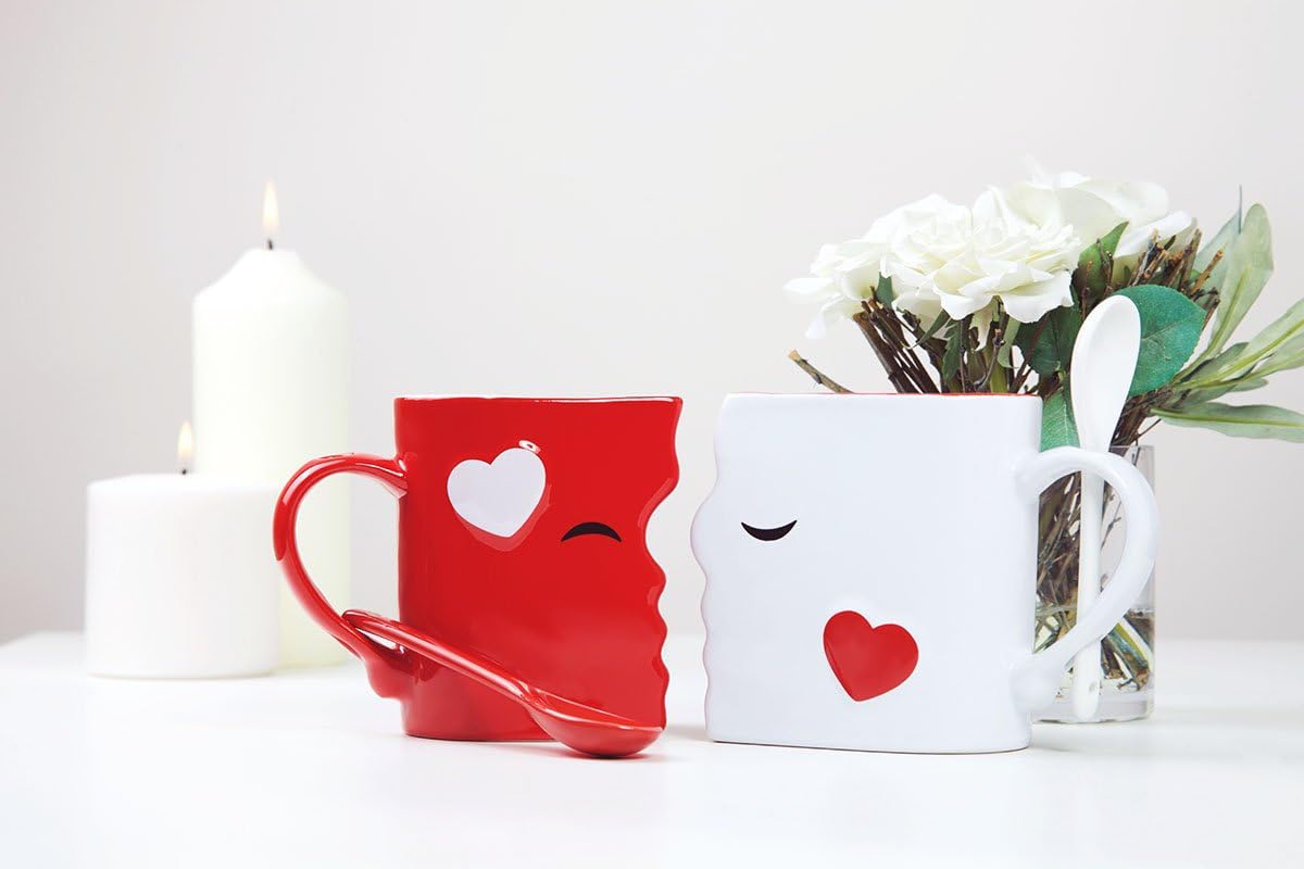 Kissing Mugs Set, Anniversary & Wedding Gifts, Exquisitely Crafted Two Large Cups & Spoons for Couples, For Him and Her on Valentines, Birthday, Engagement by Blu