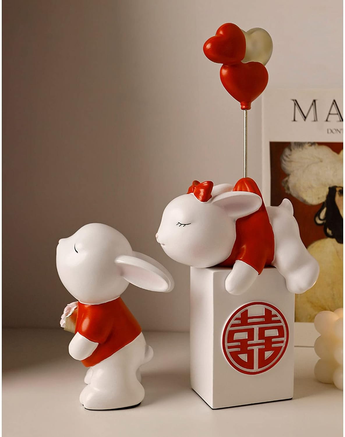 Wedding Gifts for Couple, Chinese Style "Xi" Character Decoration, Cute Bunny Bookshelf Decorations, Home Decorations,White