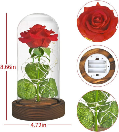 SW Preserved Rose Enchanted Rose Red Silk Rose in Glass Dome with LED Lights Pine Base, Romantic Home Decor Gifts for Mom Women Valentines Day Christmas Mothers Day Wedding Anniversary Birthday