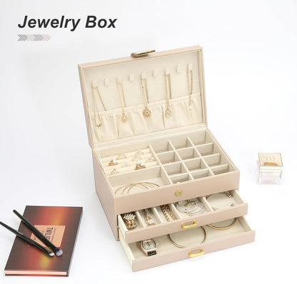 3-Layer Jewelry Box with 2 Drawers, Large Capacity Jewelry Holder Box for Women Girls, Best Gifts for Christmas Valentine's Day New Year.(Apricot)