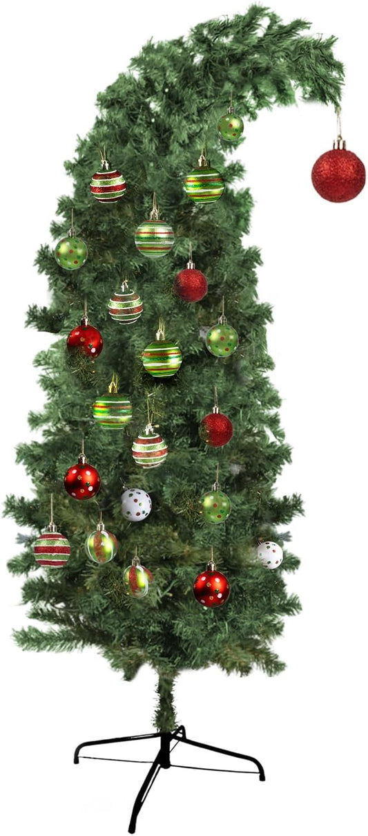 6Ft Artificial Christmas Tree, Whimsical Green Christmas Tree Best Tall Bent Xmas Tree with Stand & Ball Ornaments Xmas Christmas Holiday Decorations Home Office Decor for Indoor Use