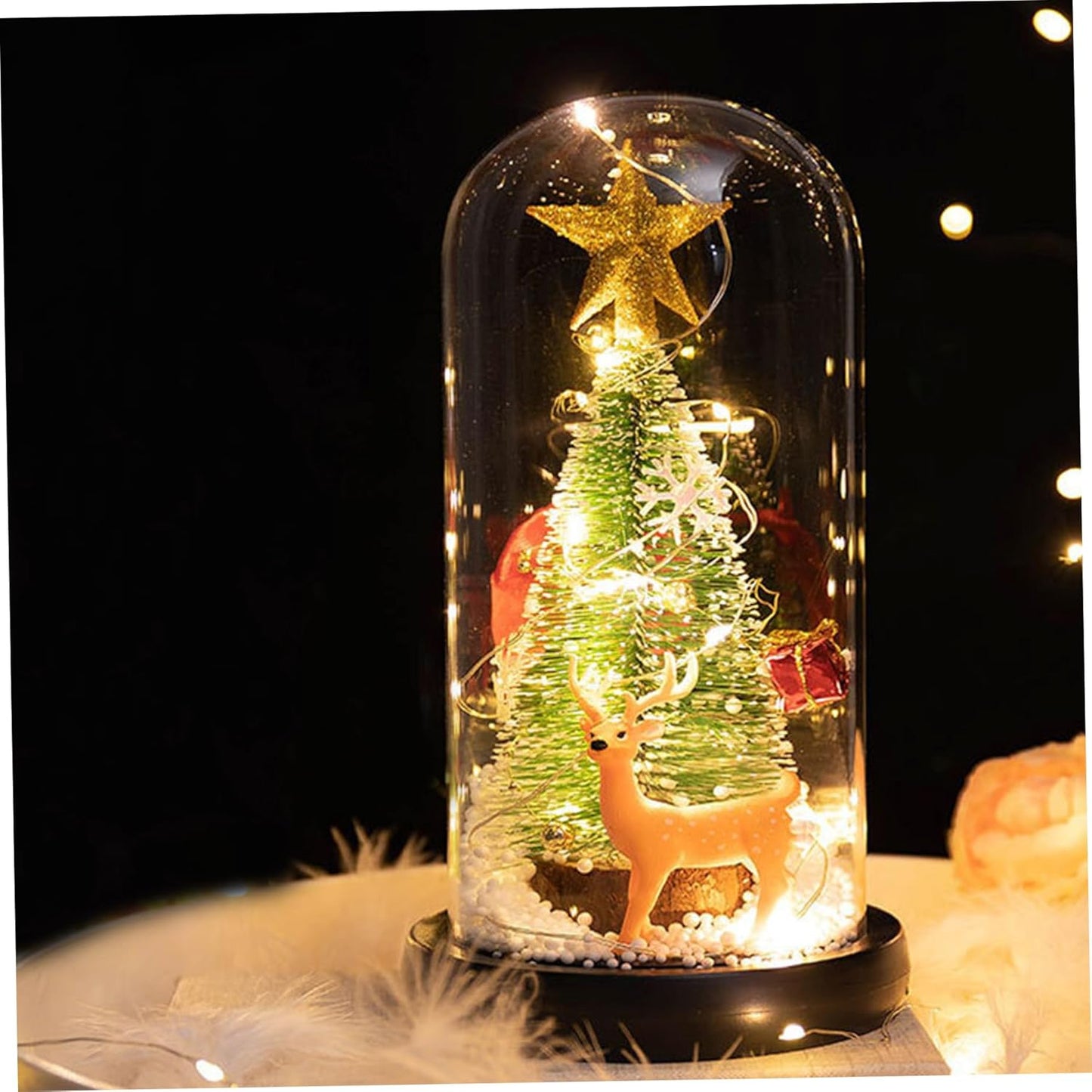 LED Christmas Tree in Glass Dome with Reindeer 8.7 Inch Glass Christmas Tree with String Lights Xmas Gifts for Kids, Girls on New Year, Birthday, Christmas Decorations