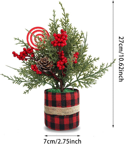 Small Christmas Tree Centerpieces Tabletop Decorations 10.5" Red Berry Pinecone Frosted Artificial Pine Tree in a Box for Winter Rustic Farmhouse Holiday Xmas Dining Table Flower Arrangements (Cedar)