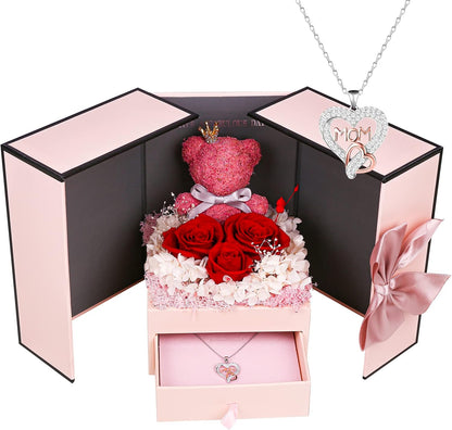 IDFALKFD Preserved Rose Gift Set with 925 Sterling Silver Heart Necklace, Mom Jewelry Design. Perfect for Mother's Day, Birthday, Christmas, or Valentine's from Daughter/Son.