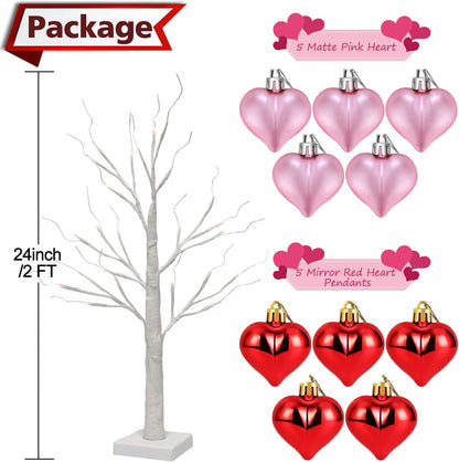 2 Pack Prelit White Birch Tree -2FT Valentines Tree with 10 Pink & Red Heart-Shaped Ornaments, 24 Warm White LED, Battery Operated, 6-Hours Timer, Tabletop Lamp for Home Party Wedding Xmas Decor