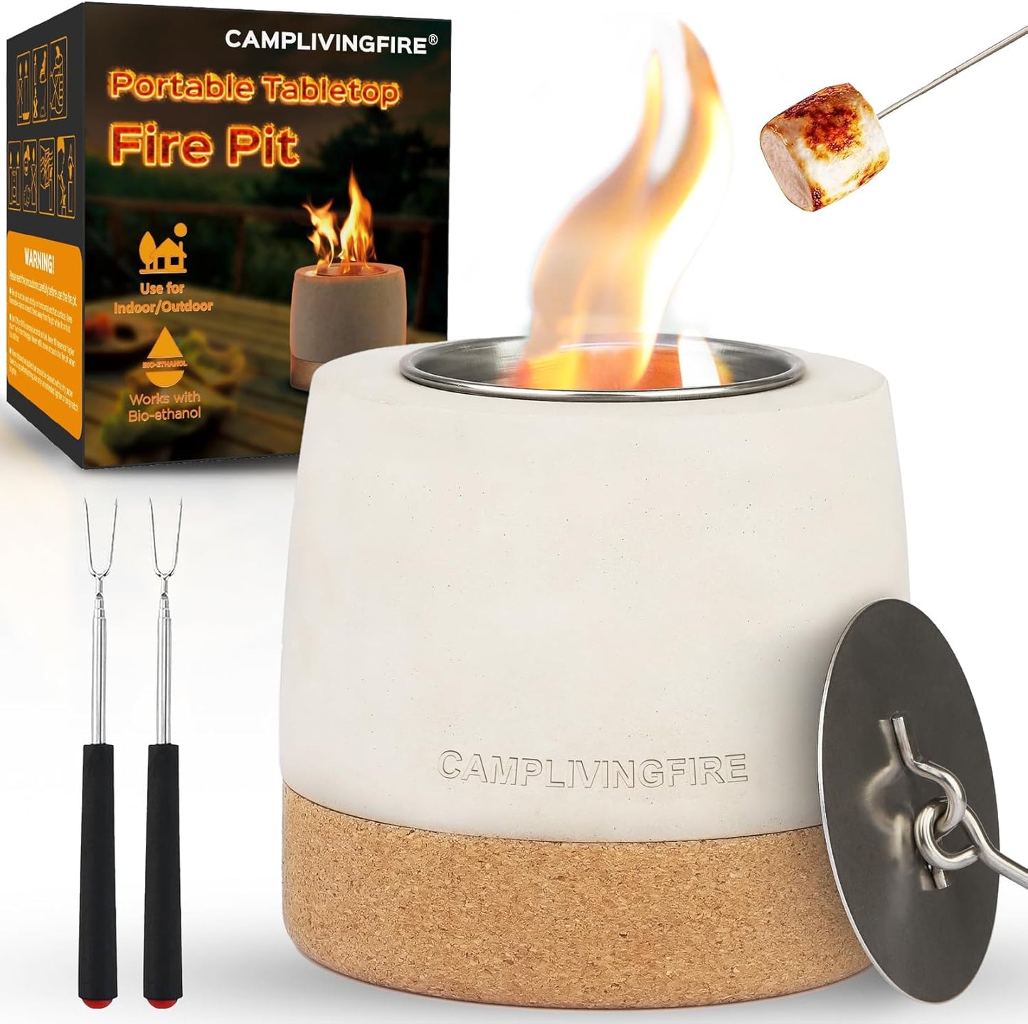 Tabletop Fire Pit, Round Concrete Smokeless Smores Fire Pit Table Top as Smores Maker Kit for Indoor & Patio Decor, Gifts for Women Mom Her Wedding Housewarming Christmas Birthday White Elephant Gifts