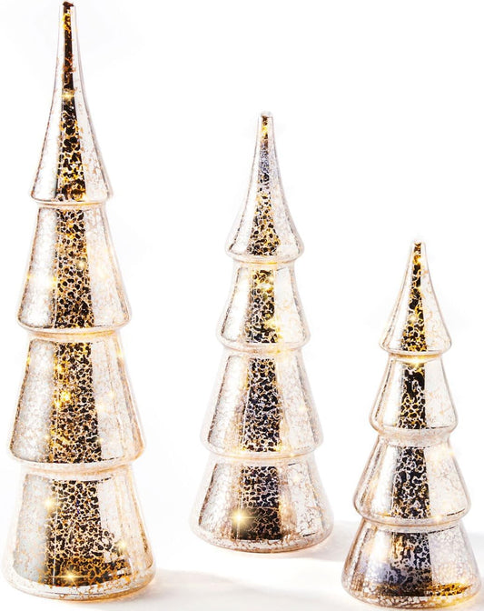 LampLust Mercury Glass Christmas Tree Decoration - Set of 3 Assorted Trees with Fairy Lights, 10 Inch Tall, Silver Finish, Batteries Included, Holiday Table Centerpiece or Mantle Decor