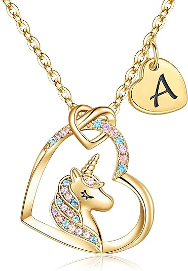 Hidepoo Unicorn Necklace Gifts for Girls, 14K Gold/Rose Gold/White Gold Plated Colorful CZ Heart Unicorn Necklace Jewelry Initial Unicorn Necklace Birthday Gifts Unicorn Gifts for Girls