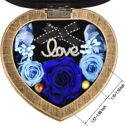 Handmade Preserved Flower 3 Blue Rose in a Mechanical Musical Box with Photo Frame Design, Gifts for Her on Mother's Day Valentine's Day Anniversary Wife Birthday Gifts(Music Blue Rose)