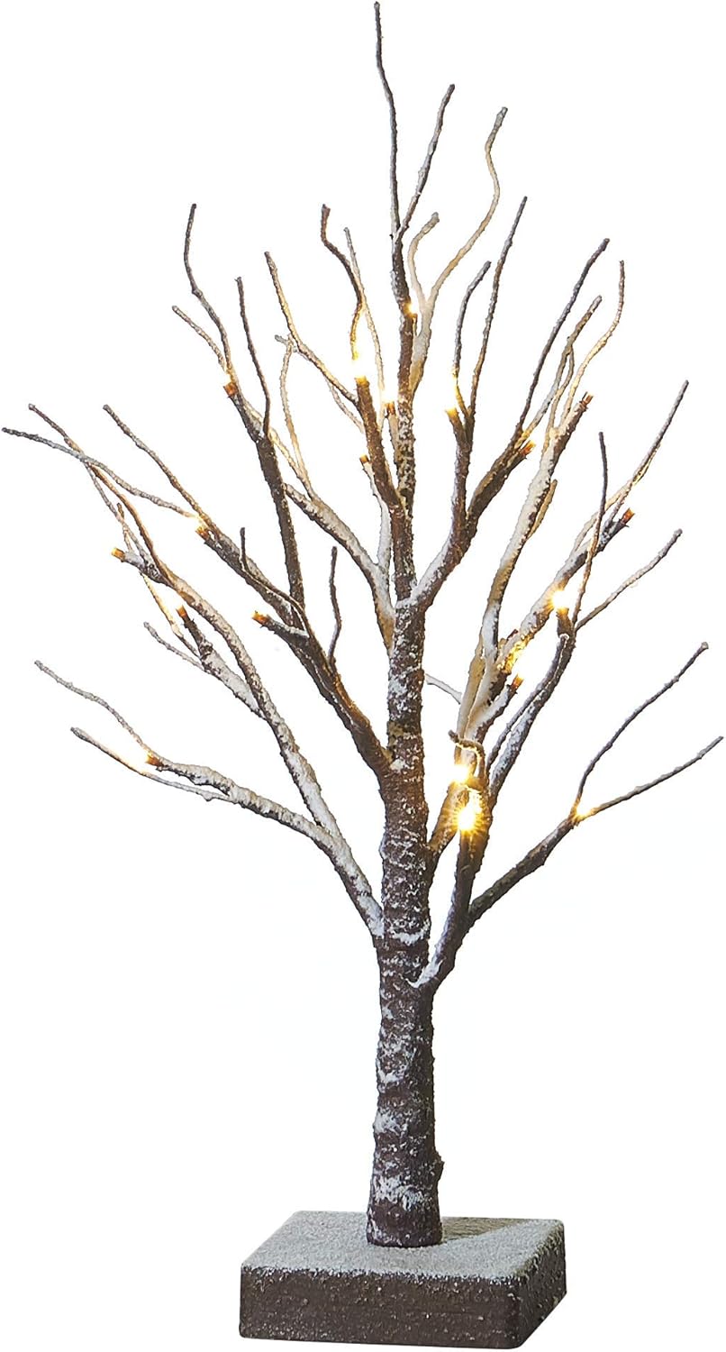 Hairui Lighted Tabletop Artificial Small Tree Snow Dusted 24 LED 18IN Battery Operated with Timer Indoor Use for Halloween Christmas Tree Decoration