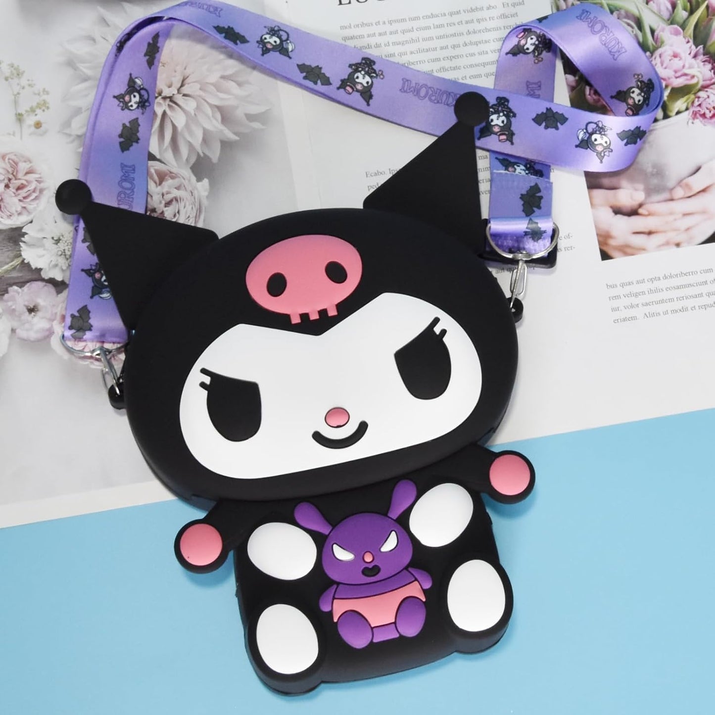 Kawaii Kumi Bag with Adjustable Shoulder Strap, Zipper Handbag Cute Stitch Coin Wallet Purse Shoulder Bag, Coin Pouch for Gifts Women Birthday - Black