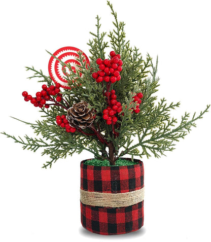 Small Christmas Tree Centerpieces Tabletop Decorations 10.5" Red Berry Pinecone Frosted Artificial Pine Tree in a Box for Winter Rustic Farmhouse Holiday Xmas Dining Table Flower Arrangements (Cedar)