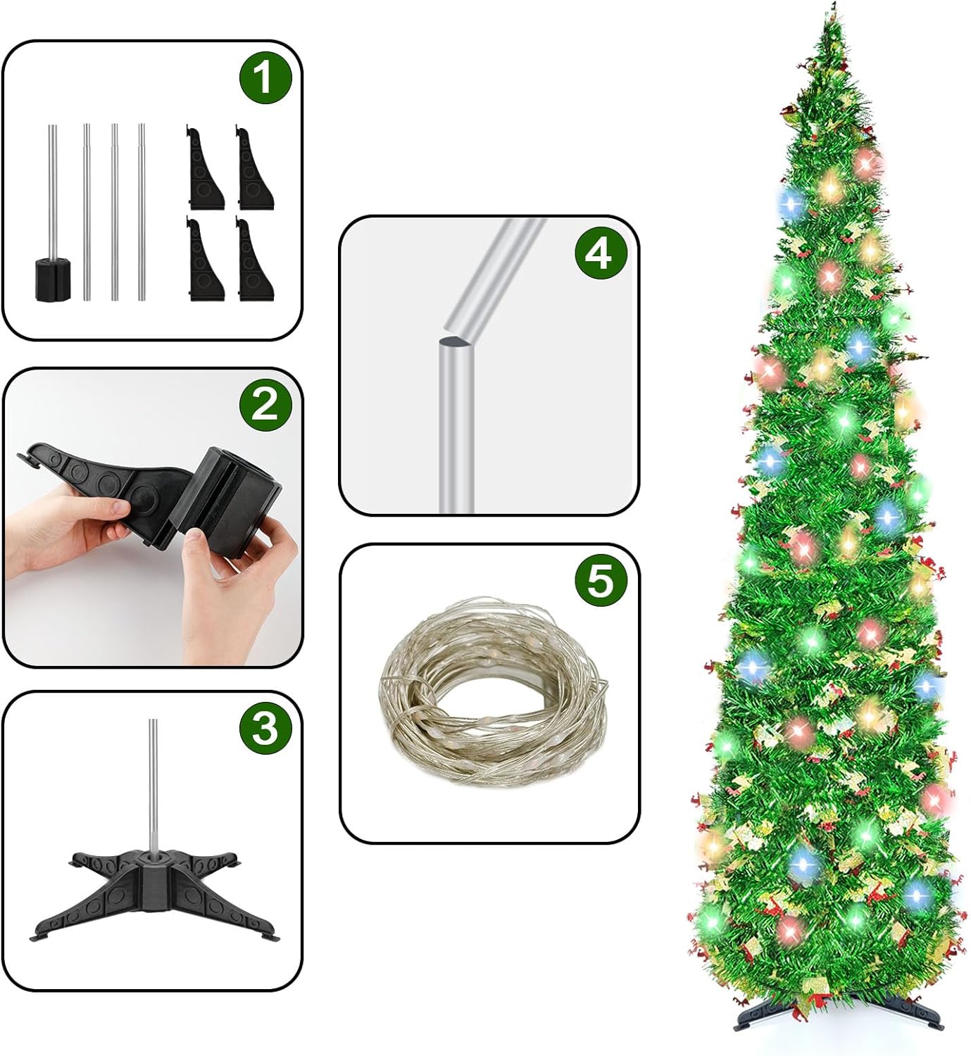 Pop Up Christmas Tree 5FT with 3Pack 3 Outlet Grounding Adapter ETL Listed Green