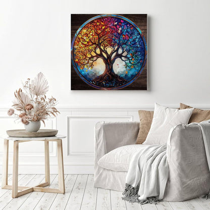 Tree of Life Stained Glass Canvas Posters Wall Art Big Tree Suncatcher Country Framed Canvas Pictures Print Room Decorations Art Work Housewarming Gift for Restaurant Spa Dorm Room 12x12in