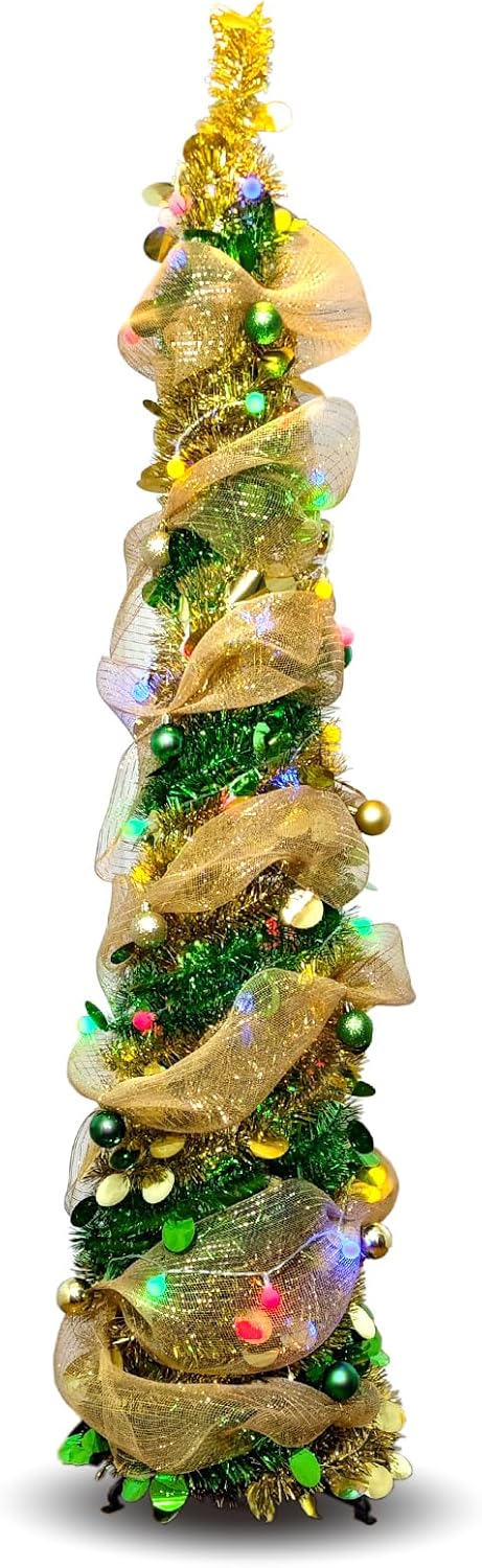 5FT Pop-Up Christmas Tree with 10-inch X 1.6 Feet Metallic Mesh Ribbon, Multi-Color 50 LED String Lights，10 Decorative Balls for DIY, Ideal for Indoor/Outdoor Christmas Decoration